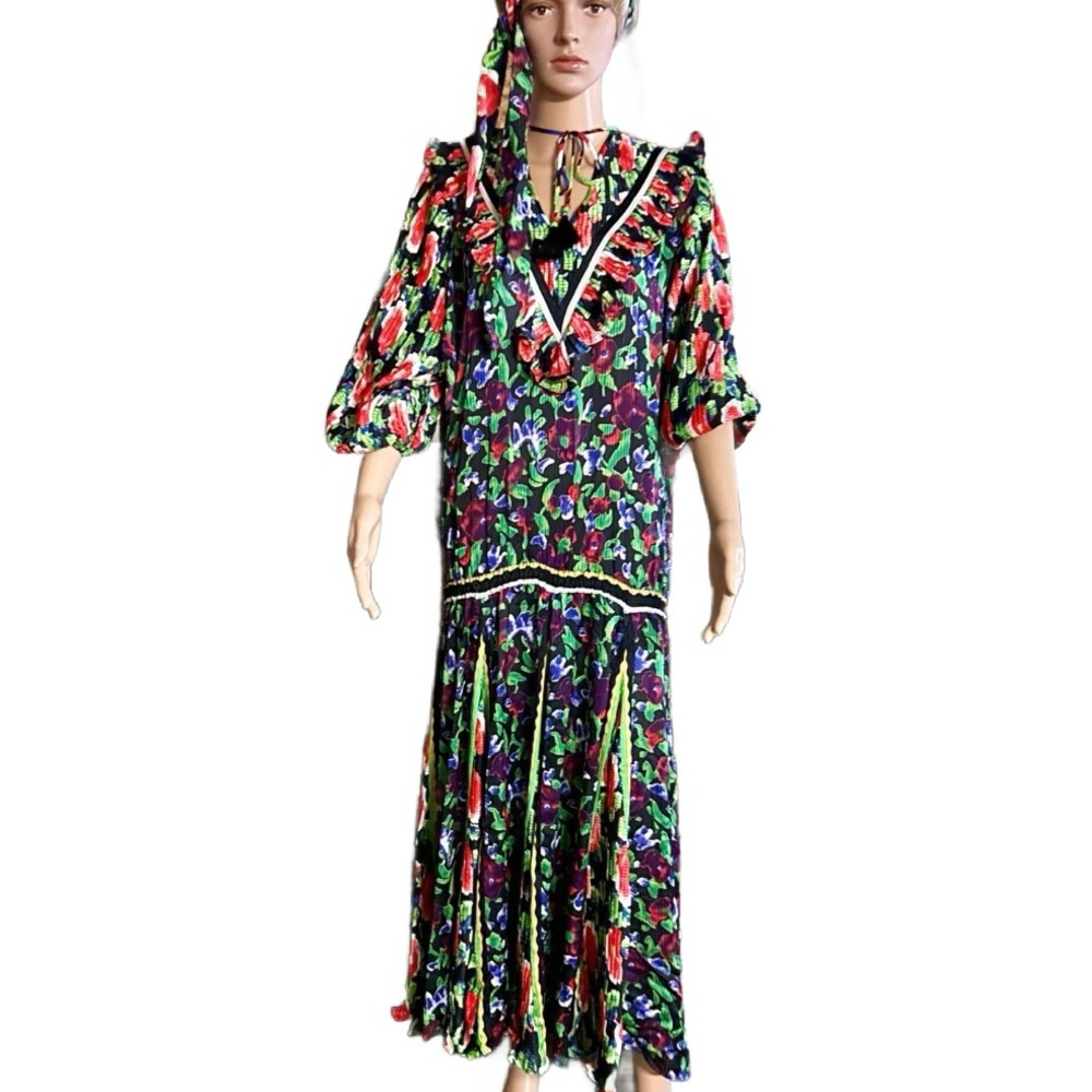 Diane Freis~Vintage • Large • Multi-Colors • Floral •W/ Ruffles & Tie Boho Dress - Picture 2 of 16